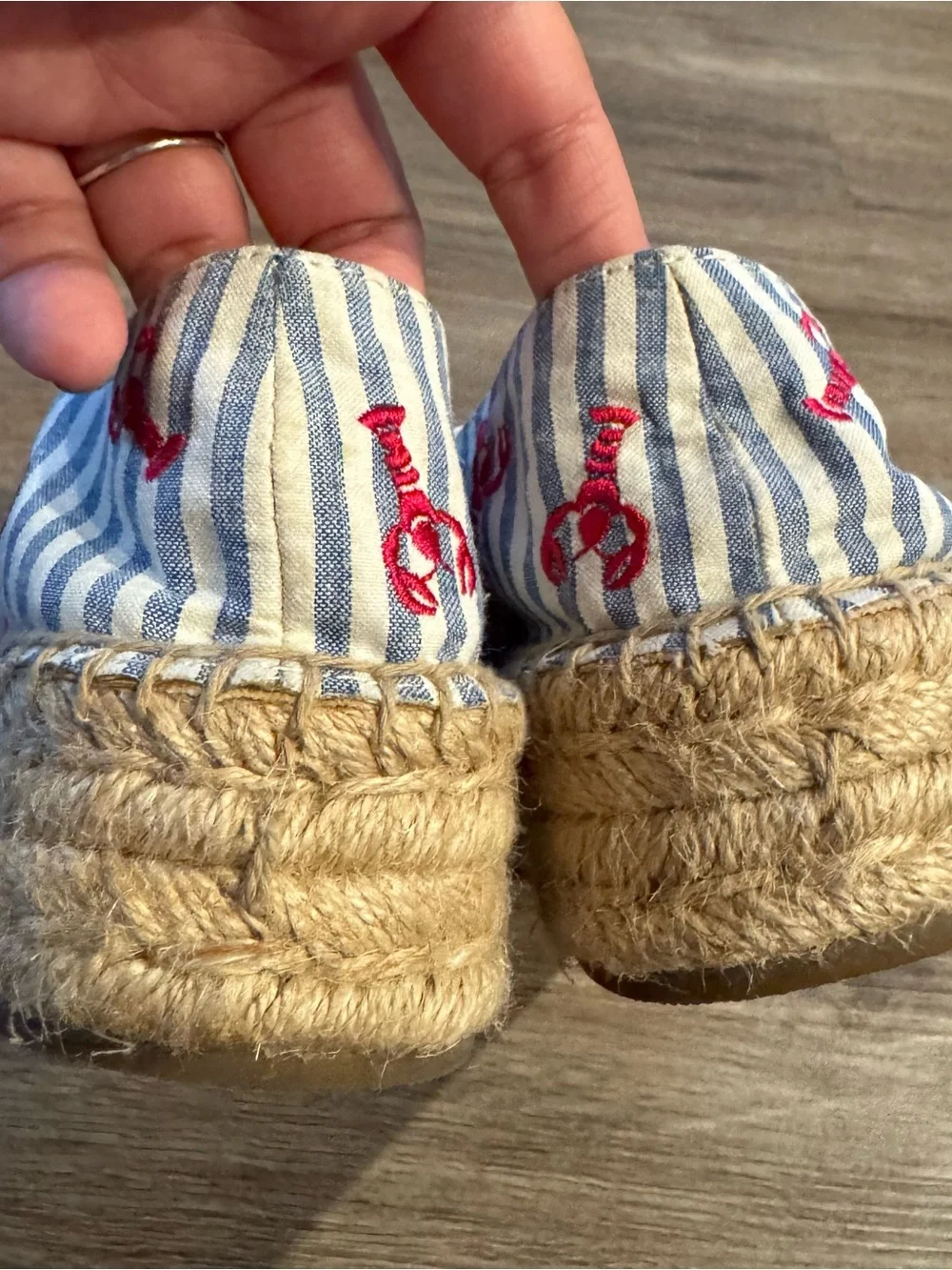 Talbots Blue and White Striped Slip-On Espadrilles with Embroidered Lobsters